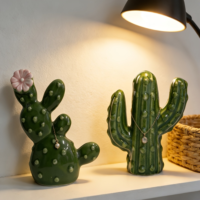 2pcs vintage green ceramic cactus storage ornament dual purpose organizer for small additions and desktop decor easy   home storage easy to clean   decor for living room office and bedroom