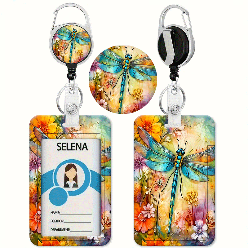 TEMU Blue Dragonfly Floral Print Card Holder With Retractable Badge Reel - Id Badge Holder, Credit Card Holder, Heavy-duty Id Lanyard. Suitable For