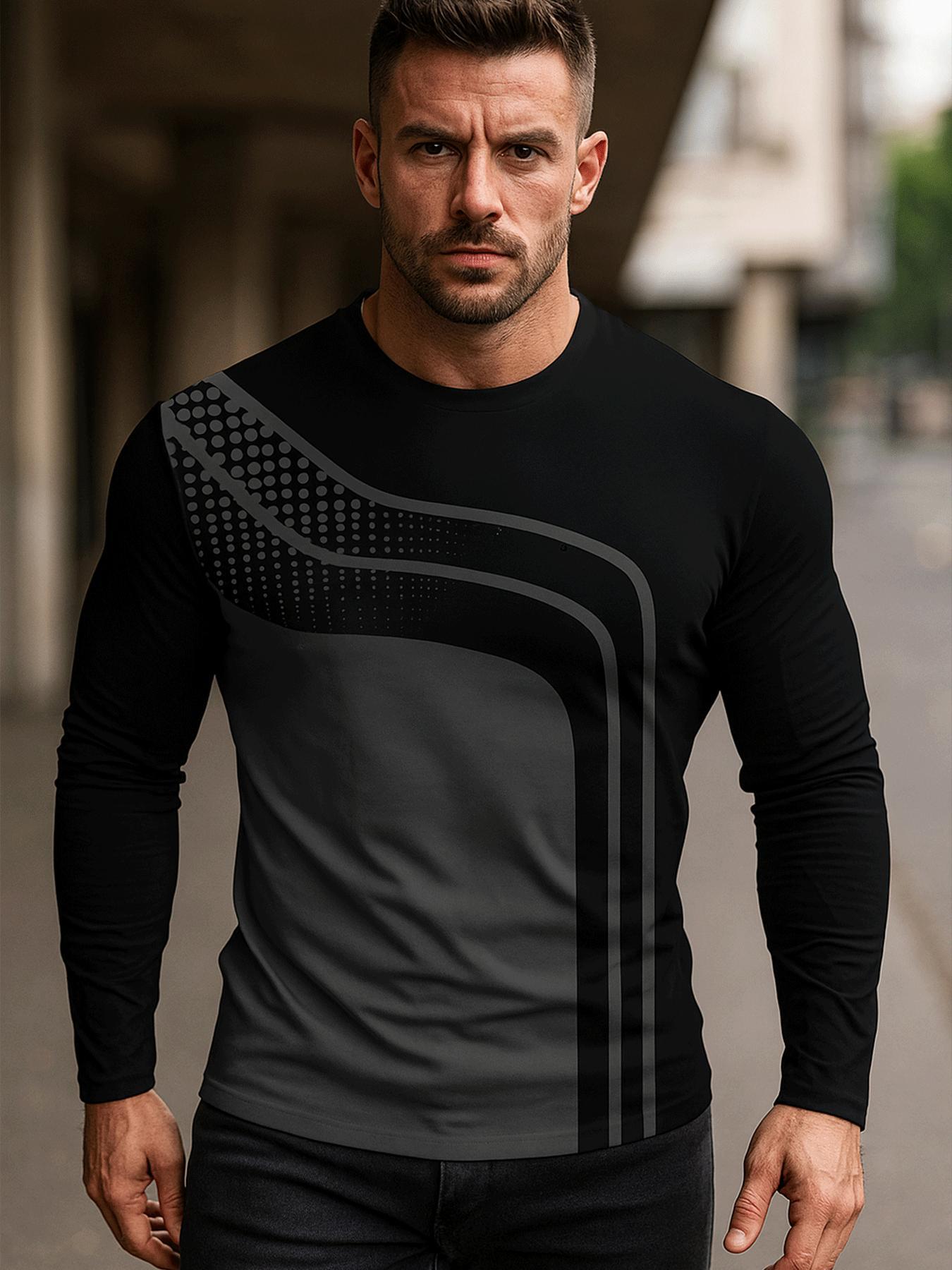 [Men's Casual T-Shirt] Men's Casual Long Sleeve T-Shirt with Unique Print - Black, Round Neck, Regular Fit, Perfect for Spring & Fall Daily Wear, Everyday Tshirt | Modern Casualwear | Comfortable Fit