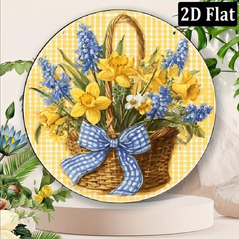 TEMU 2d Flat, 1pc 1pcs Vintage Floral Wreath Wall Decor - Rustic Iron Round Metal Sign With , & Gingham Bow Basket Design, Pre-drilled Holes Suitable