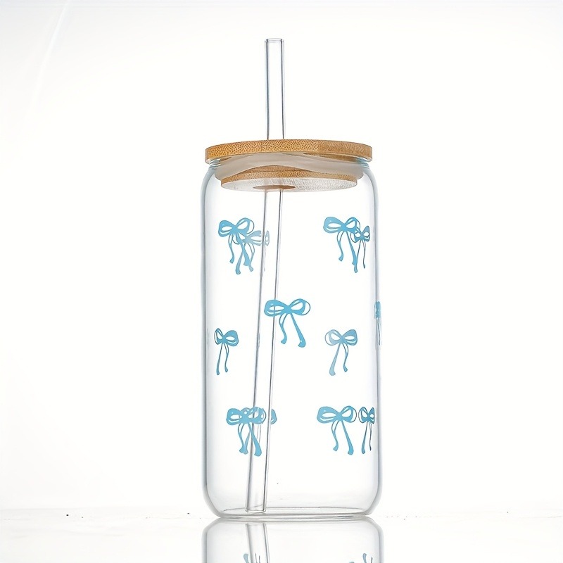 TEMU 1pc 16oz High Borosilicate Bow Glass Cup With Lid And Straw - Adorable Bow Pattern, Cold Beverage Set, Ideal Gift For All Holidays - Perfect For