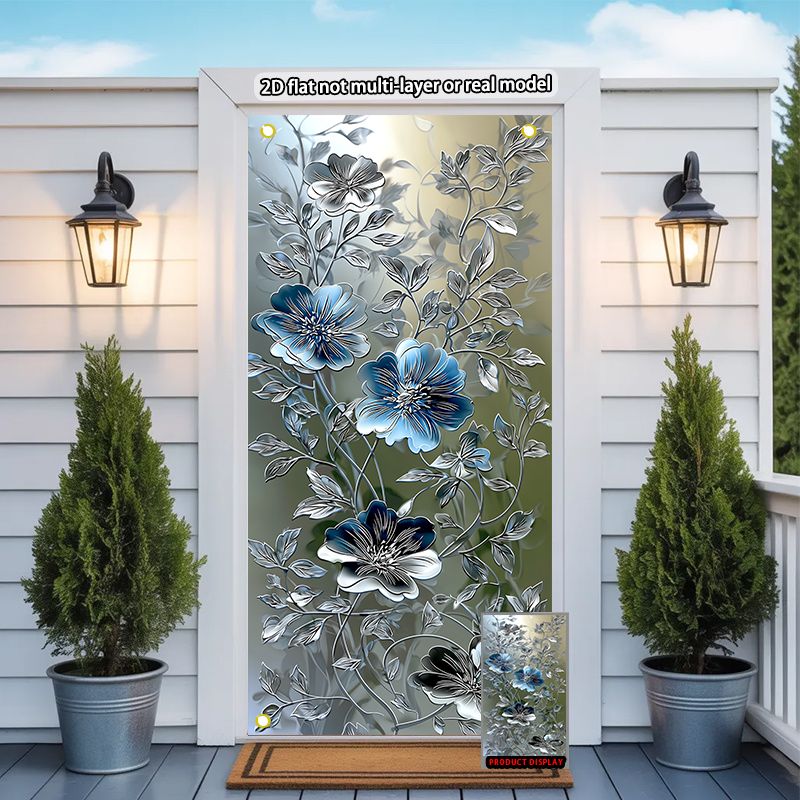TEMU 2d Flat, 2d Door Banner, 2d Flat Print, 1pc Banner, Blue Flowers And Silver Leaves Floral Pattern Print Vertical Banner, Door Banner, Door