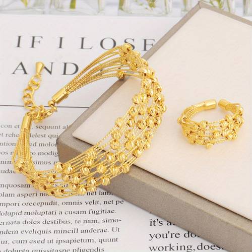 womens 24k gold plated copper bracelet ring set elegant lightweight matching jewelry dainty boho wedding party accessories valentines christmas gift for her year round luxury wear