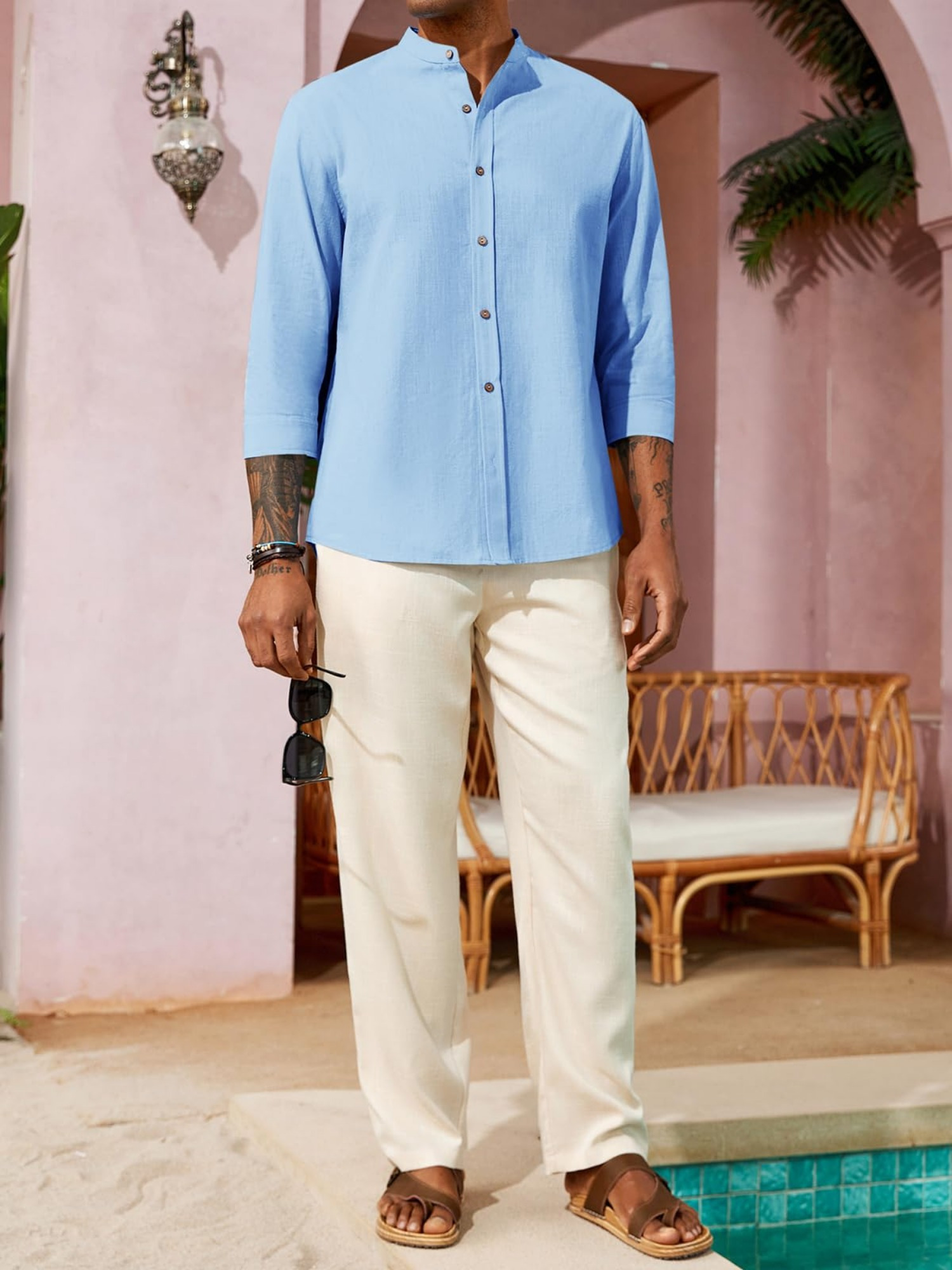 mens casual linen shirt sleeve button collar Temu