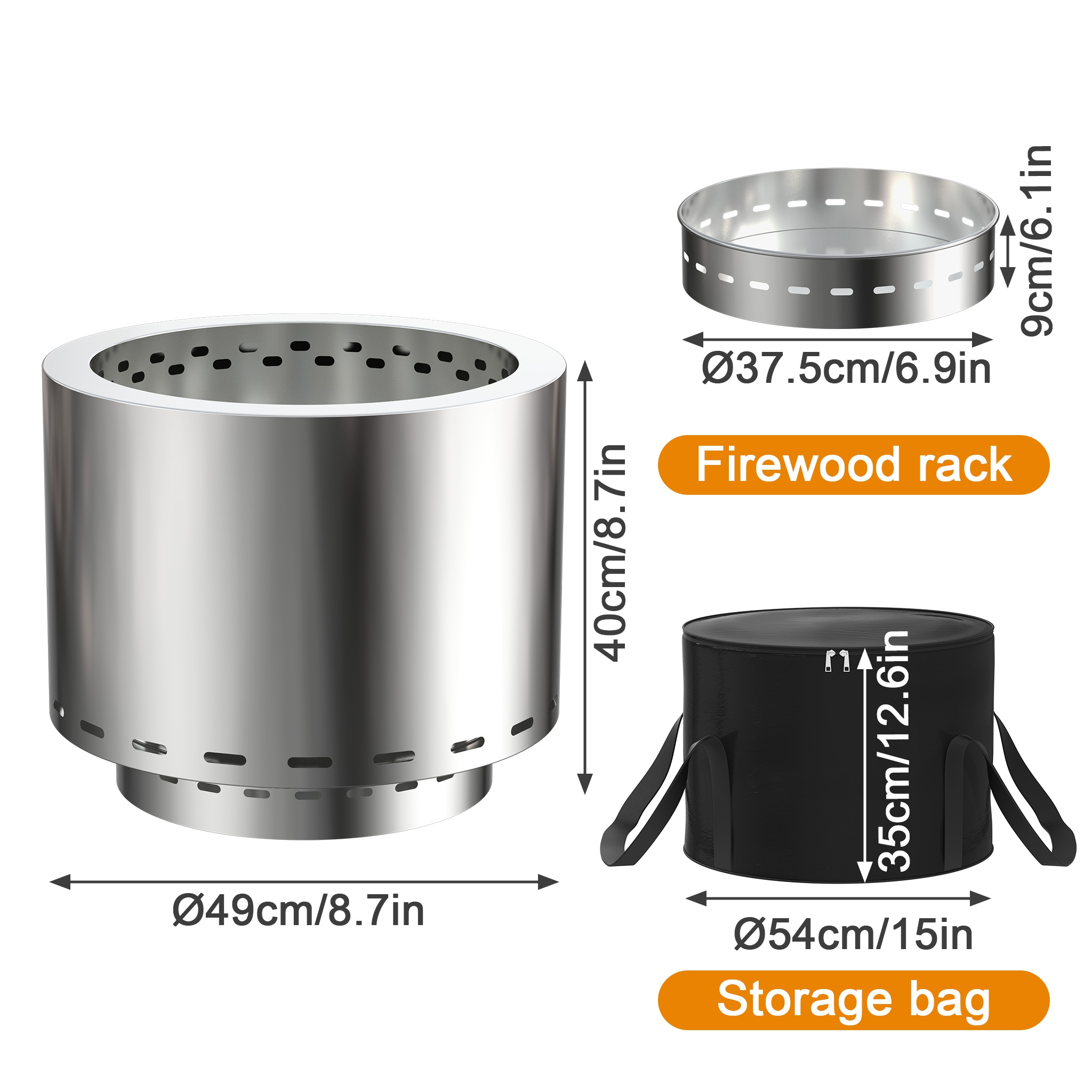 49cm Portable Stainless Steel Wood Stove, Smokeless Fire Kettle & Wood Burning Campfire Ring, Round Design For Outdoor Use, Camping, And Picnics - With A Carrying Bag