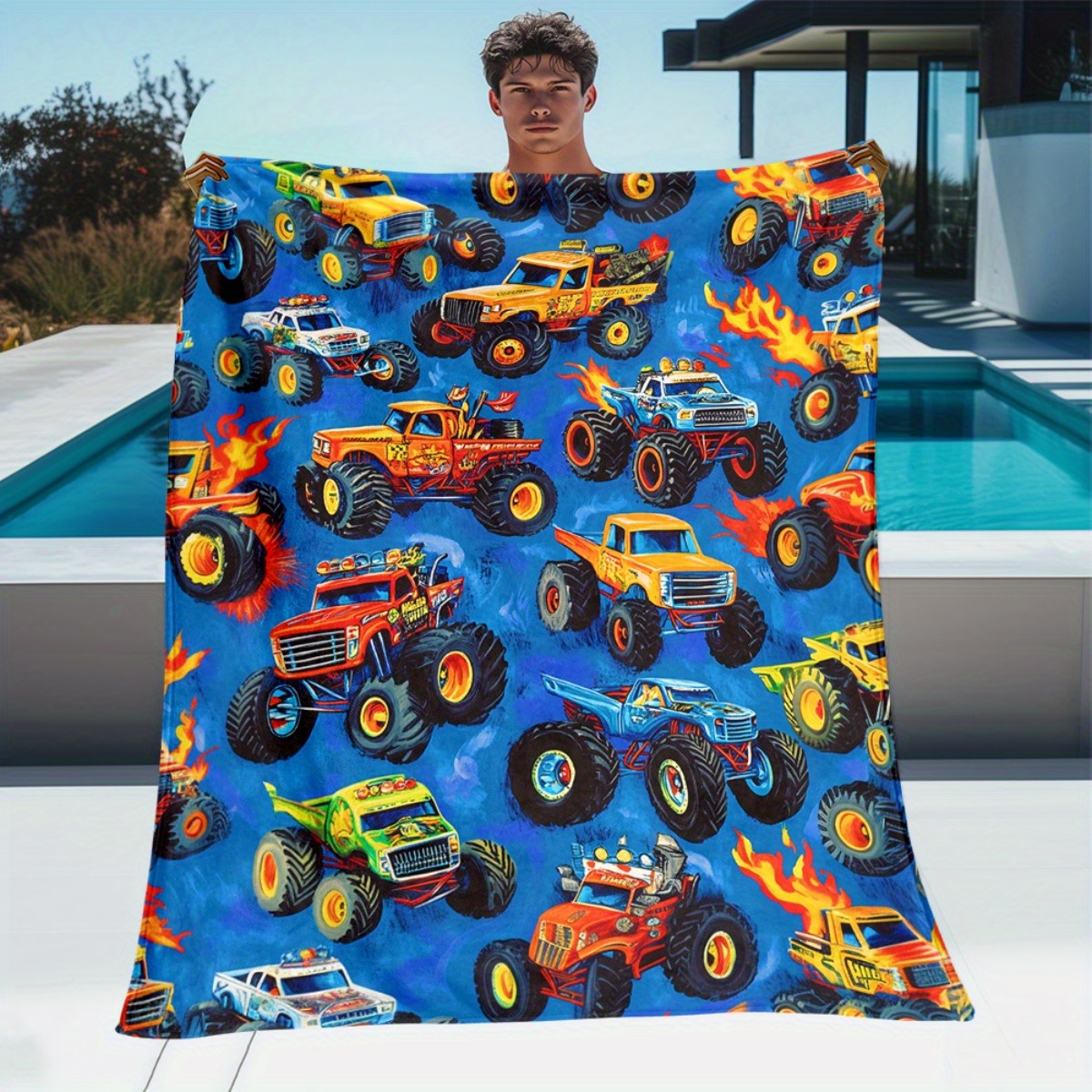 TEMU 1pc Lightweight Flannel Blanket With Monster Truck Pattern - Soft, Warm, Comfortable, Suitable For Sofas, Camping, Offices, And Outdoor Use - ,
