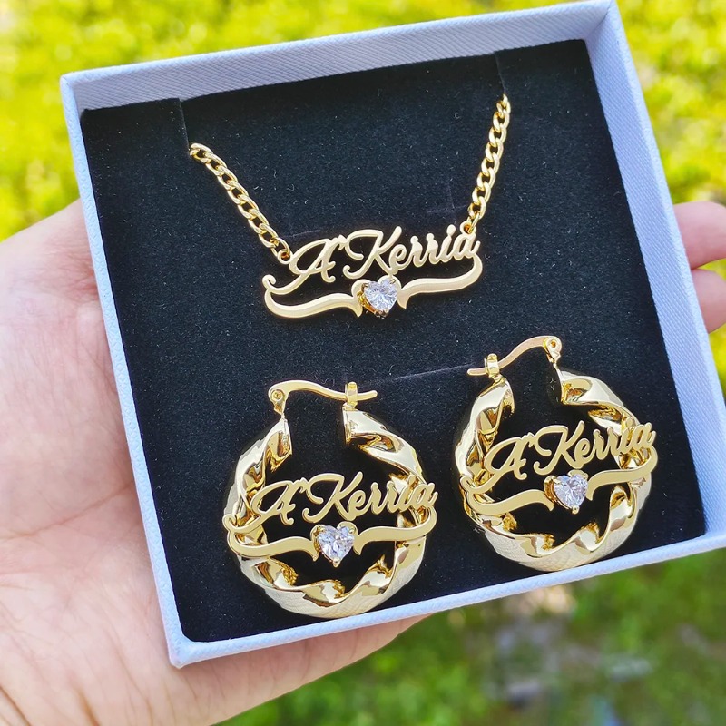 TEMU Set Of 2 Custom Name Jewelry, Featuring A Stainless Steel Birthstone Necklace With A 30mm Heart And Bamboo Hoop Earrings. Perfect Personalized