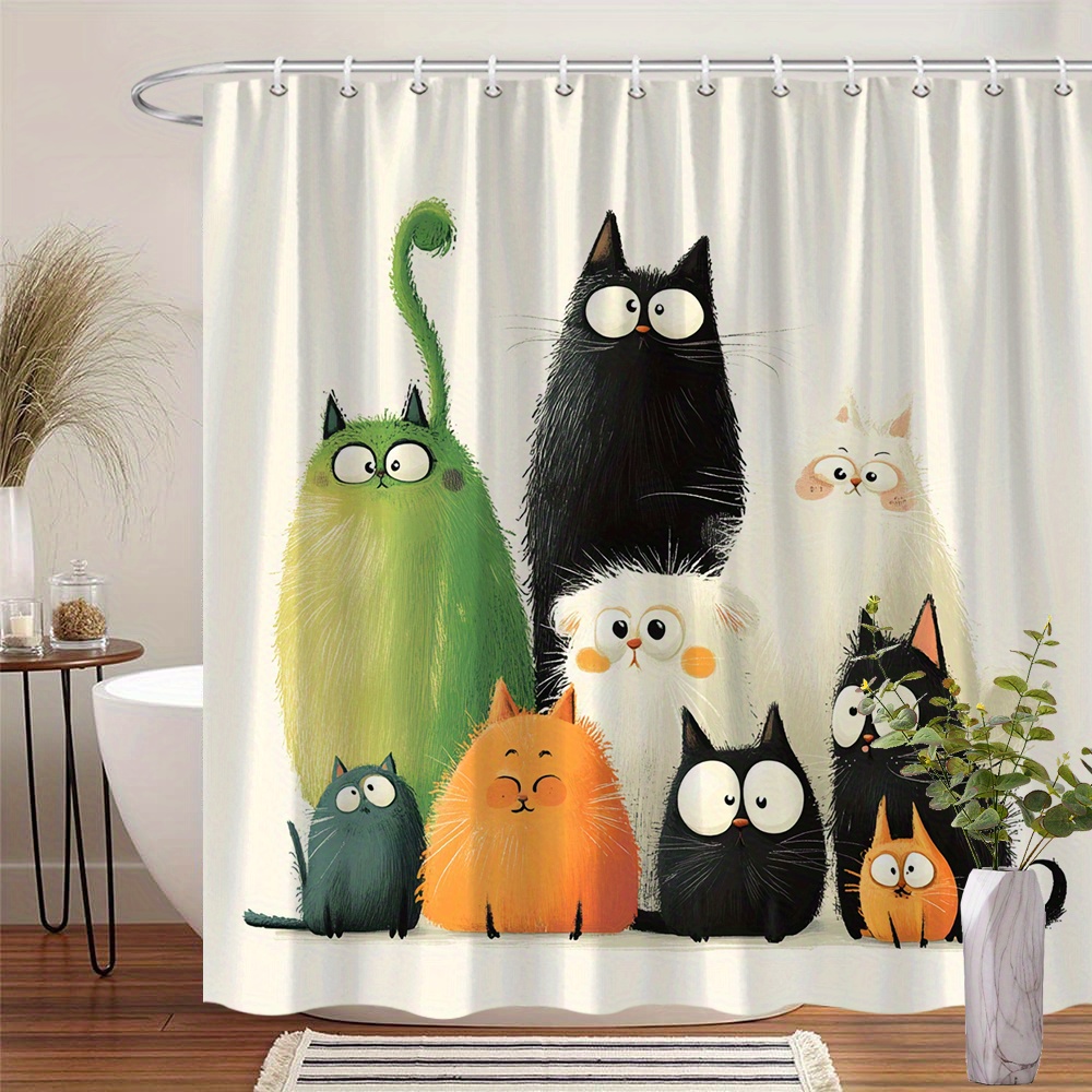 TEMU Rideau de Douche Joufflu avec Chats Cartoon et Yeux Surdimensionnés (1 pièce) - Personnages Chat Colorés , Noir, Blanc & Plus, Tissu Polyester ,