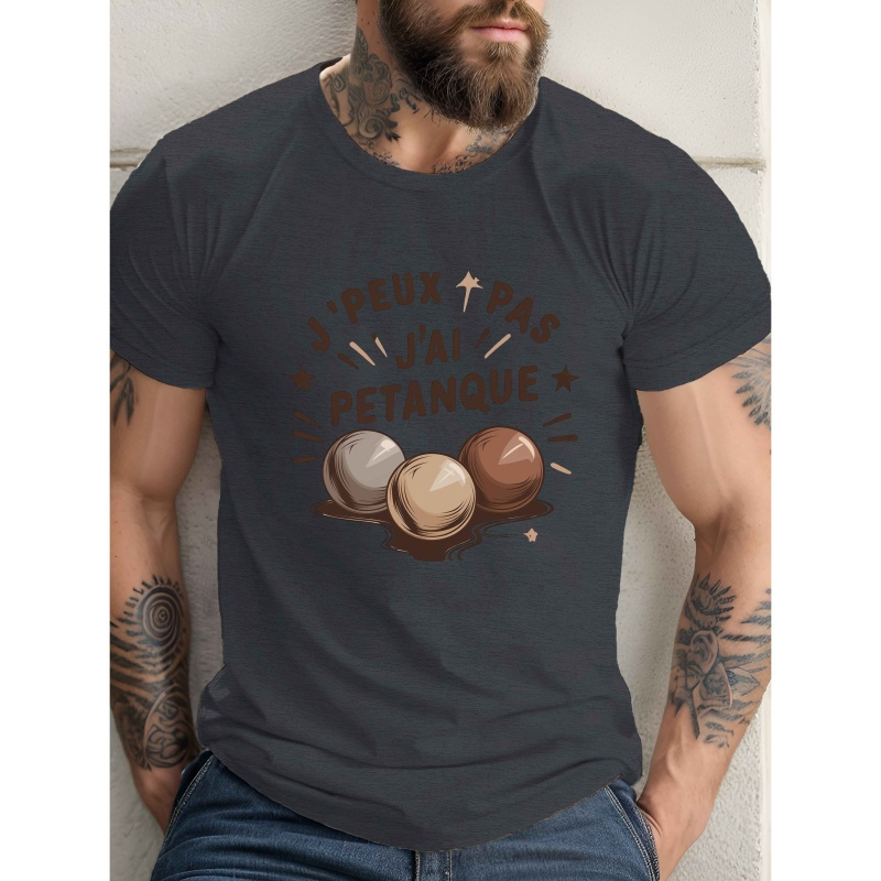 

1pc T-shirt décontracté à col rond pour homme avec imprimé " PETANQUE" à géométriques, tissu en de polyester légèrement extensible, coupe regular pour adultes - T-shirt d'été à manches courtes