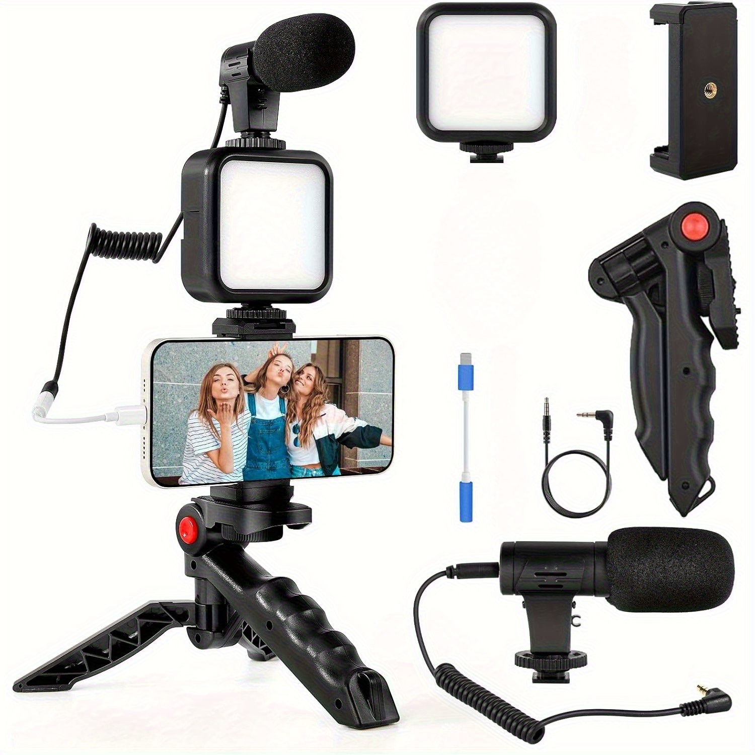 Vlogging Kit for Phone, Portable Setup with Mini LED Video Light, Cardioid Microphone, Phone Clip & Tripod, for YouTube, Instagram, Video Calling, Streaming, Content Creation
