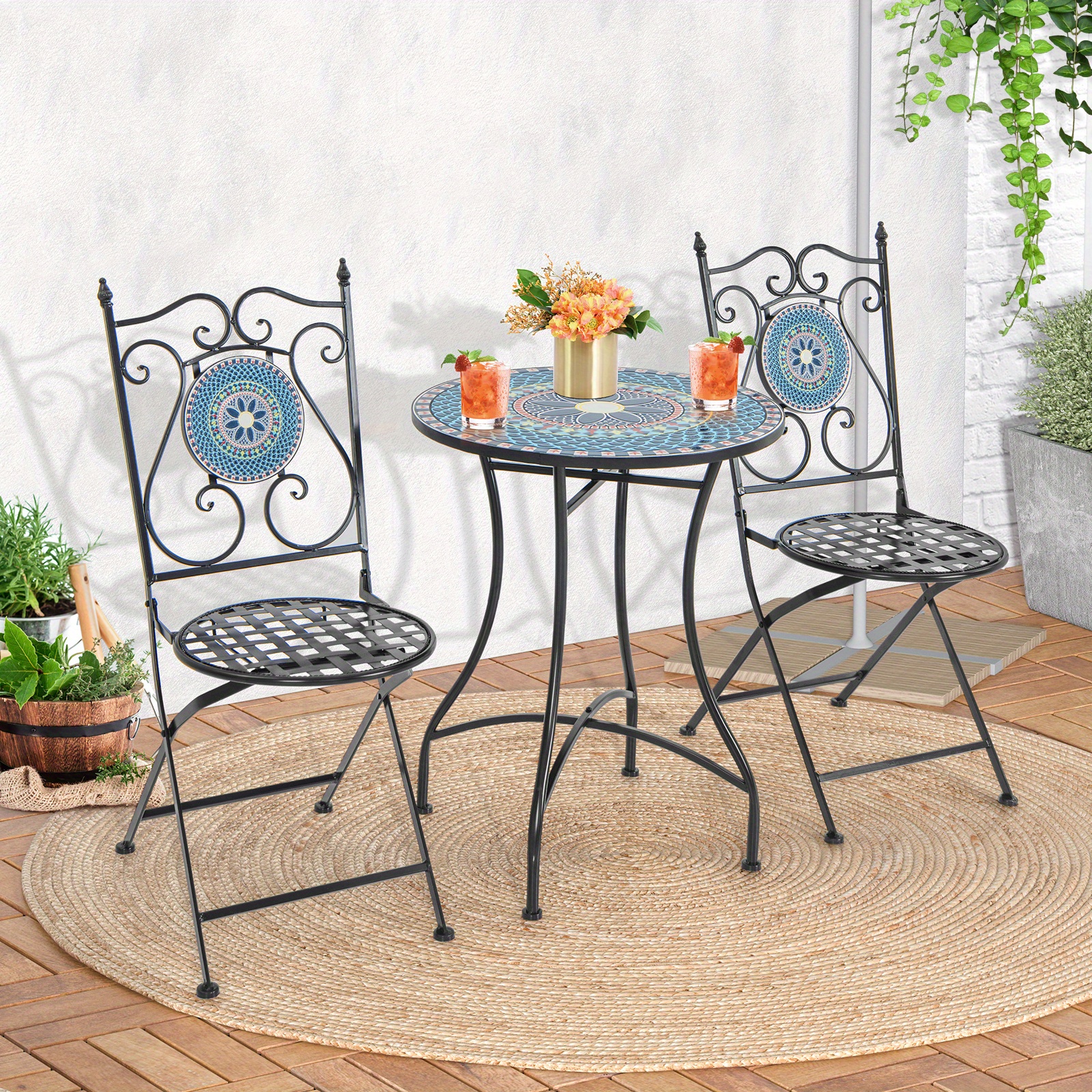 GYMAX 24 Inch Patio Bistro Table, Mosaic Round Table w/ Ceramic Tile Tabletop, Heavy-Duty Metal Structure, Decorative Outdoor Dining Table for Backyard, Garden, Porch, Living Room