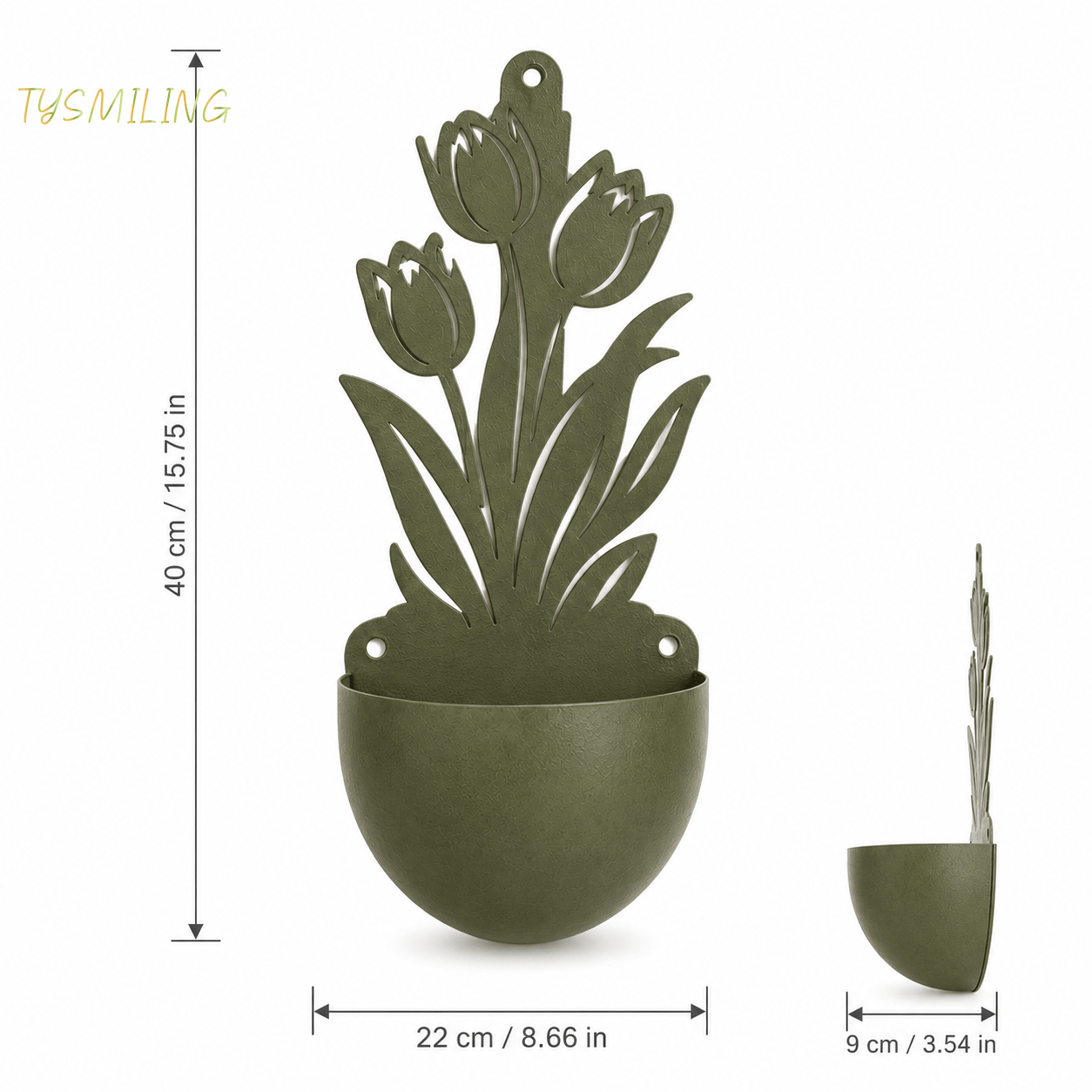 Image of Green Metal Tulip Wall Planter, Hanging Half-round Flower Pot With Floral Cutout Design For Garden, Patio, Fence And Outdoor Wall Decor, Rustic Plant Holder