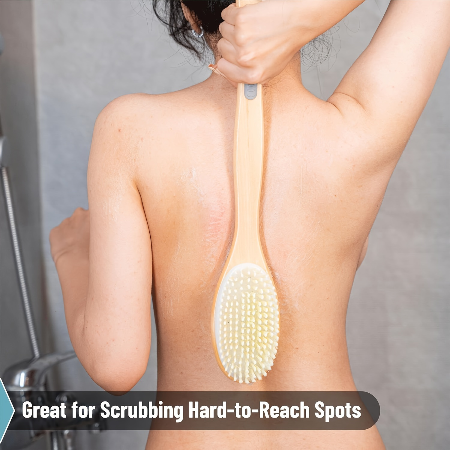 dual sided bath brush with a long handle brown bristle body scrubber removes dead skin     cleanses non absorbent suitable for lotion application no power required   in all   Product details 3