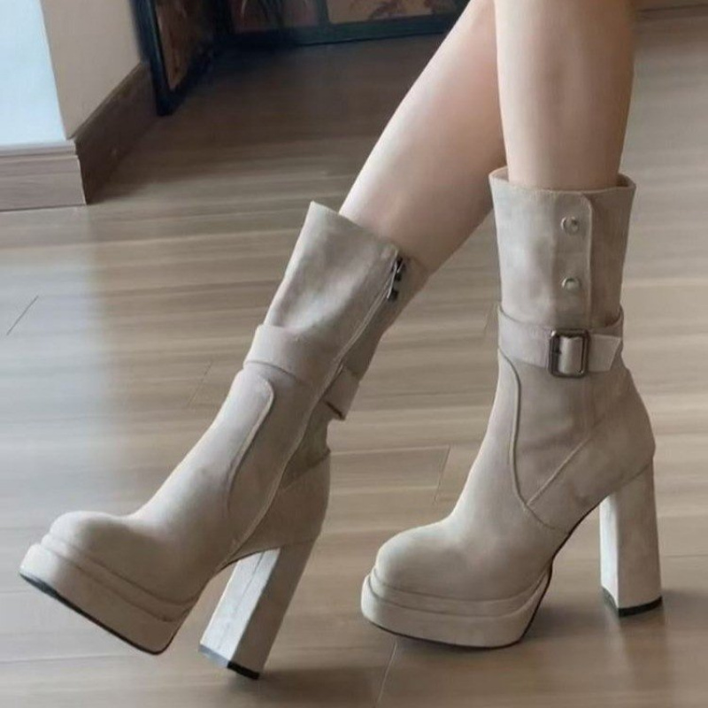 TEMU Women's Elegant Vintage Mid-calf Boots With Round Toe, Chunky Heel, Platform, And Breathable Woven Fabric. Features A Side Zipper Design.