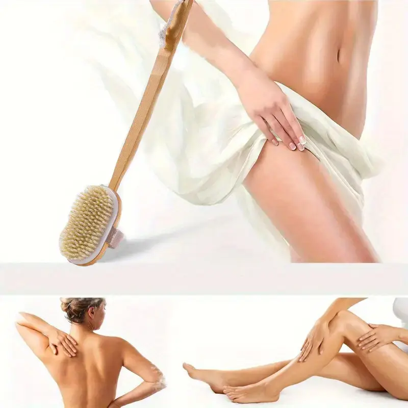 1pc natural bristle long handle back bath brush detachable handle and elastic used wet or dry gentle body cleansing and exfoliation no power required body brush long handle shower brush shower supplies Product details 7