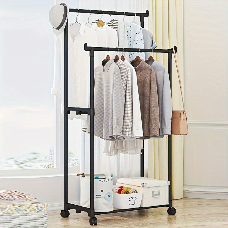 

Adjustable Metal Garment Rack With Wheels - Dual Hanging Rods For Clothes, Shoes & Accessories, Portable Organizer With Shelf - Black, Skate Wheels