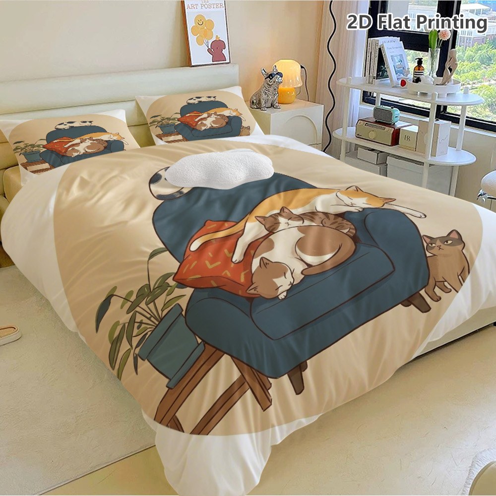 2/3개 폴리에스터 이불 커버 세트 (이불 미포함), 2d 평면 프린트만, 아기자기한 고양이 팔걸이에 잠들다 [디자인] 기발한 카와이 테마, 홈 데코 침구, 거실 침실에 어울리는 귀여운 장난기 넘치는 디자인