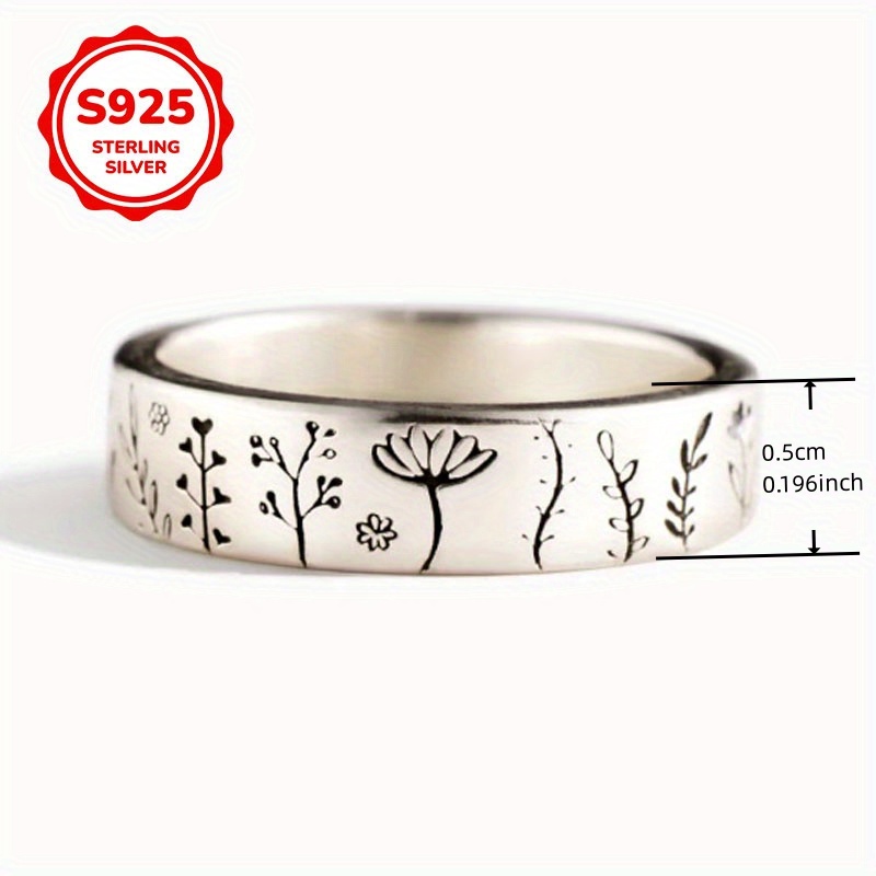S925 Pure Silver Carved Flower & Tree Pattern Ring