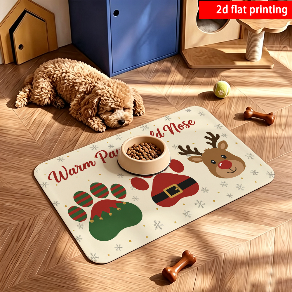 TEMU 2d Flat Printing, 1pc Christmas Paw Print Reindeer Pet Placemat, Christmas Style Pet Eating Mat, Suitable For All Sizes Of Pets, Protection Mat,