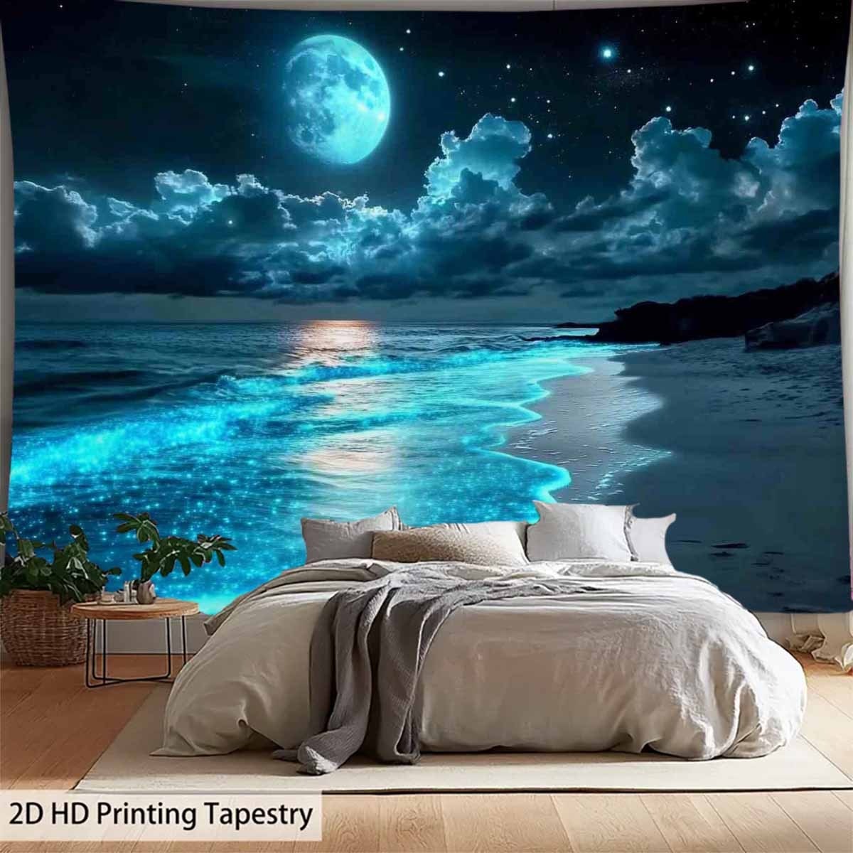 TEMU 1pc Glowing Tapestry - Large Horizontal Hd Printed Starry Sky And Waves Design, No Electricity Needed, Durable Brushed Fabric For Home Decor,