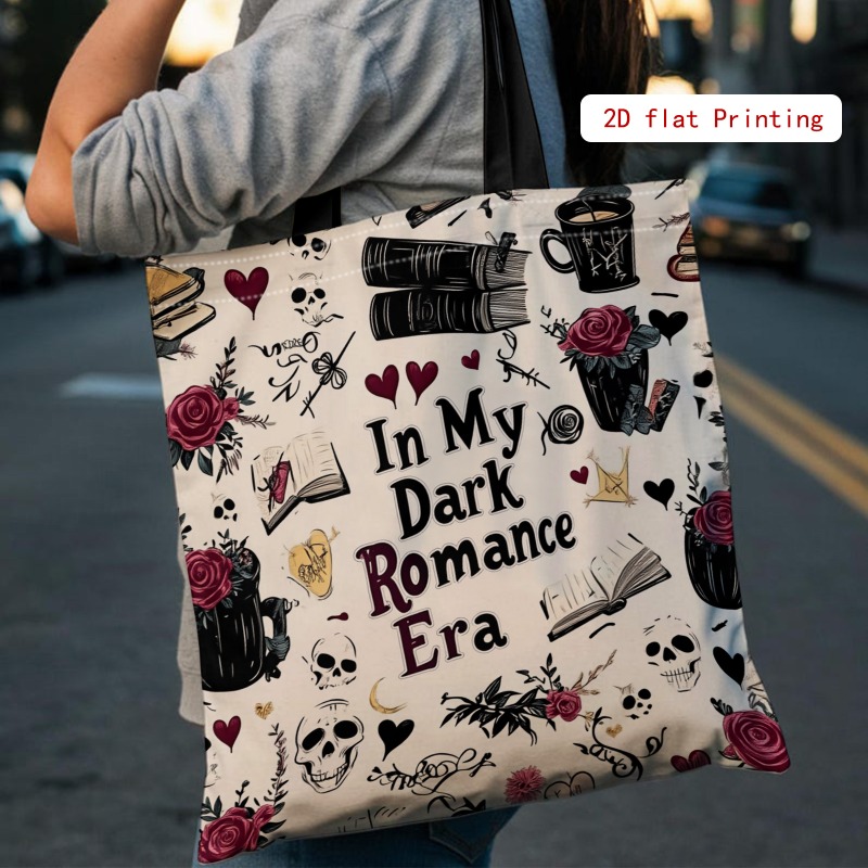 TEMU 1pc Double-sided Printing Book Ink And Skull 2d Printed Handbag, Retro Style Large-capacity Shoulder Bag, Women's Classic Tote Bag, Fashionable