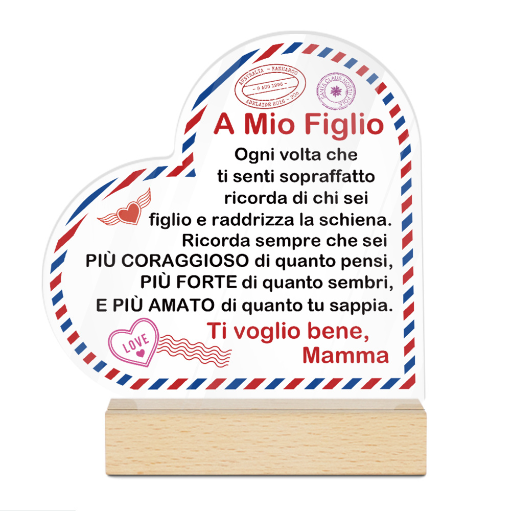 TEMU 2D Piatto, 1pz Decorazione Putuo Ispiratrice Acrilico a Forma di con Base in Legno - Messaggio Inciso "A Mi Figlio", Decorazione da Scrivania