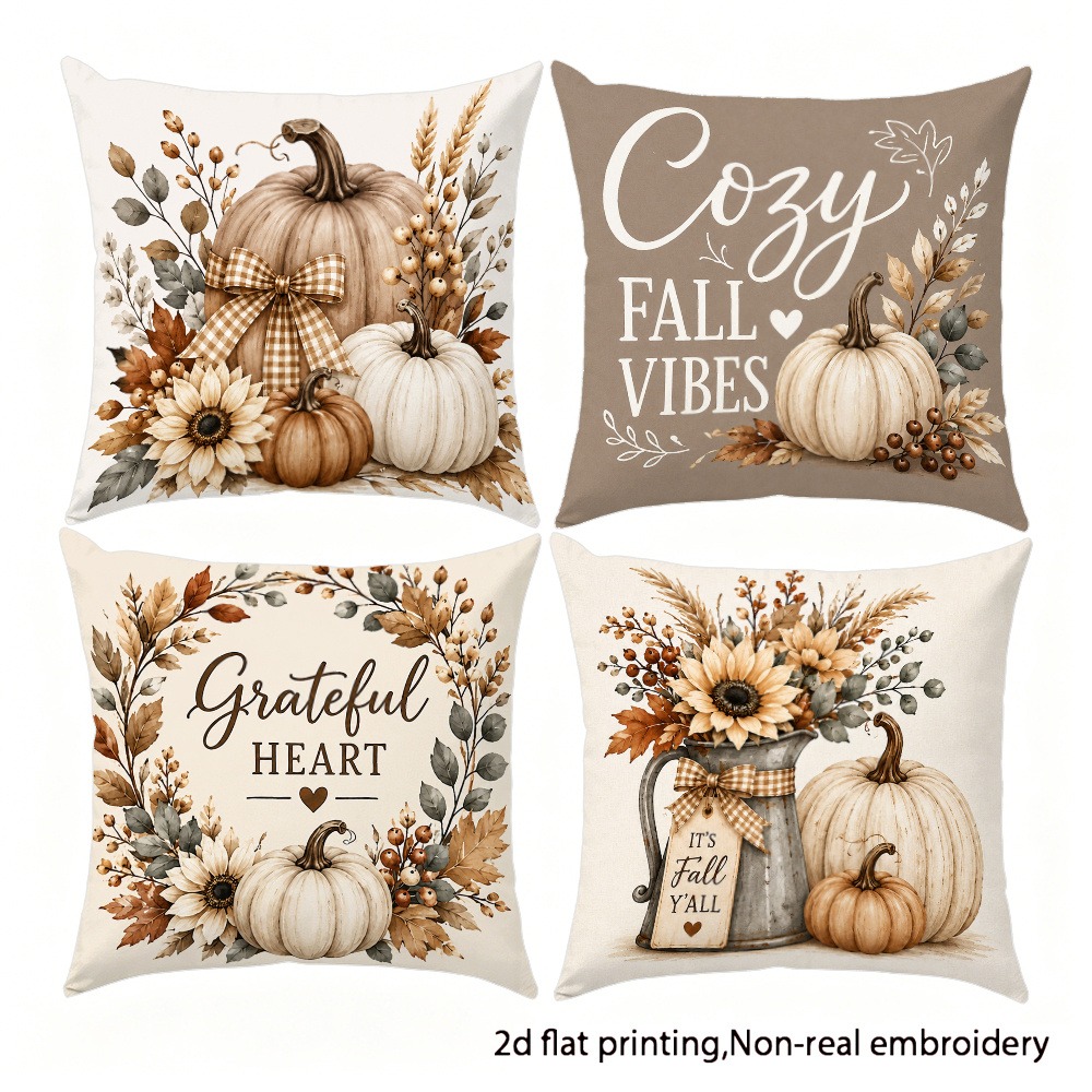 TEMU 4pcs Set, Autumn Vintage Style Pillowcases With Pumpkin, Sunflower, Wheat , , Bow, Kettle, Heart, Text, And Autumn Leaf Print Designs,