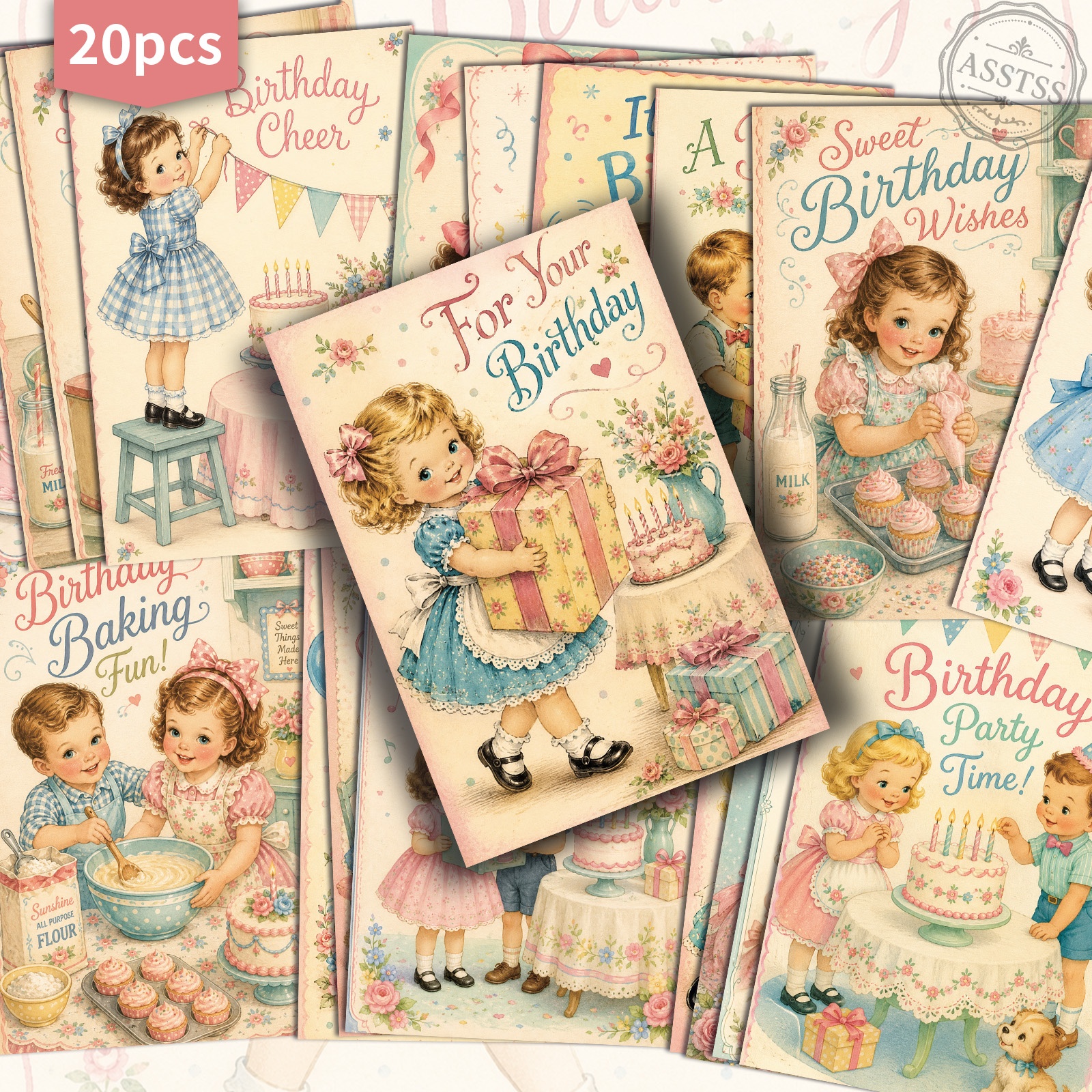 TEMU 20-pack Asstss Vintage 1950s Birthday Party Postcards - 4x6 Inches Retro Junk Journal Supplies, Classic Pinup Illustrations Collectible