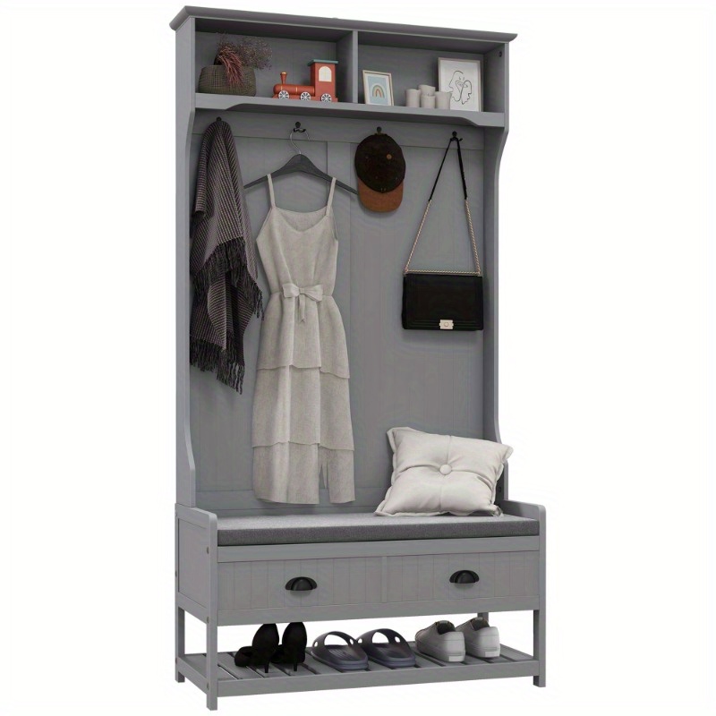 6-in- hall tree entryway bench with coat rack, shoe storage