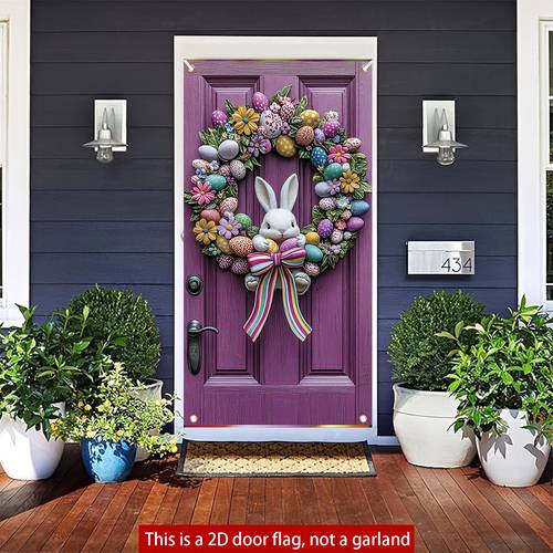 1pc easter door wreath with cute white rabbit colorful eggs polyester vibrant accent indoor outdoor spring decor no electricity needed ideal for easter celebrations and festive occasions easter door decor spring door adornment decorative wreath wreaths for front door
