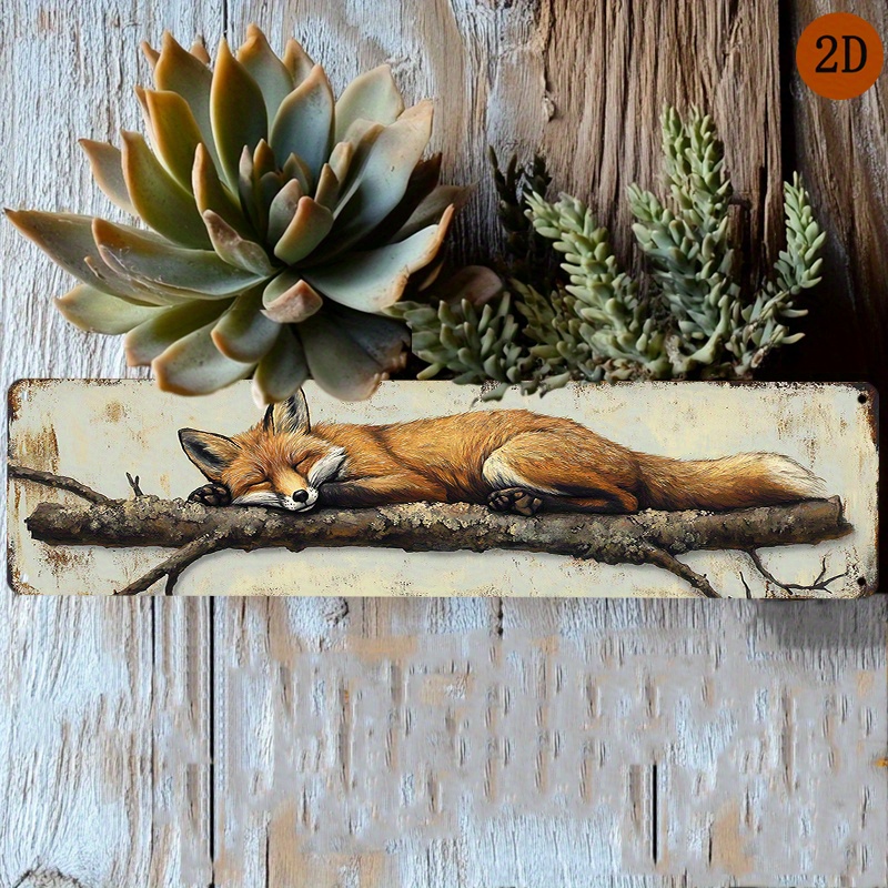 TEMU 2D Plat, 1pc Art Mural Métal Vintage Renard sur Branche - Décoration Rustique en Fer Renard Adaptée pour Maison, Café, Chambre - Installation