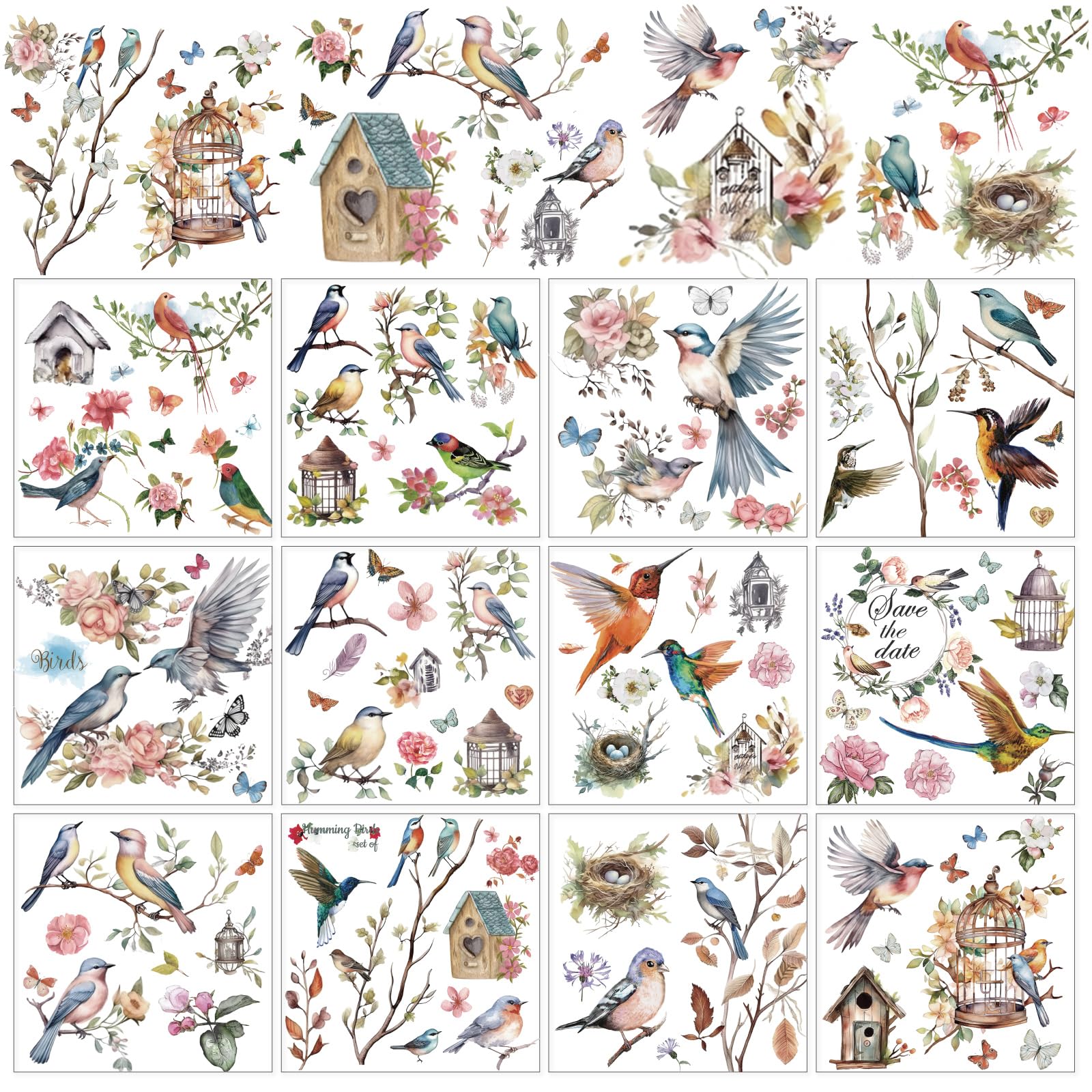 TEMU Set Of 12 Rub-on Transfer Sheets Featuring Birds And Flowers, Perfect For Crafting And Decorating Furniture. Vintage-style Decals Are Ideal For