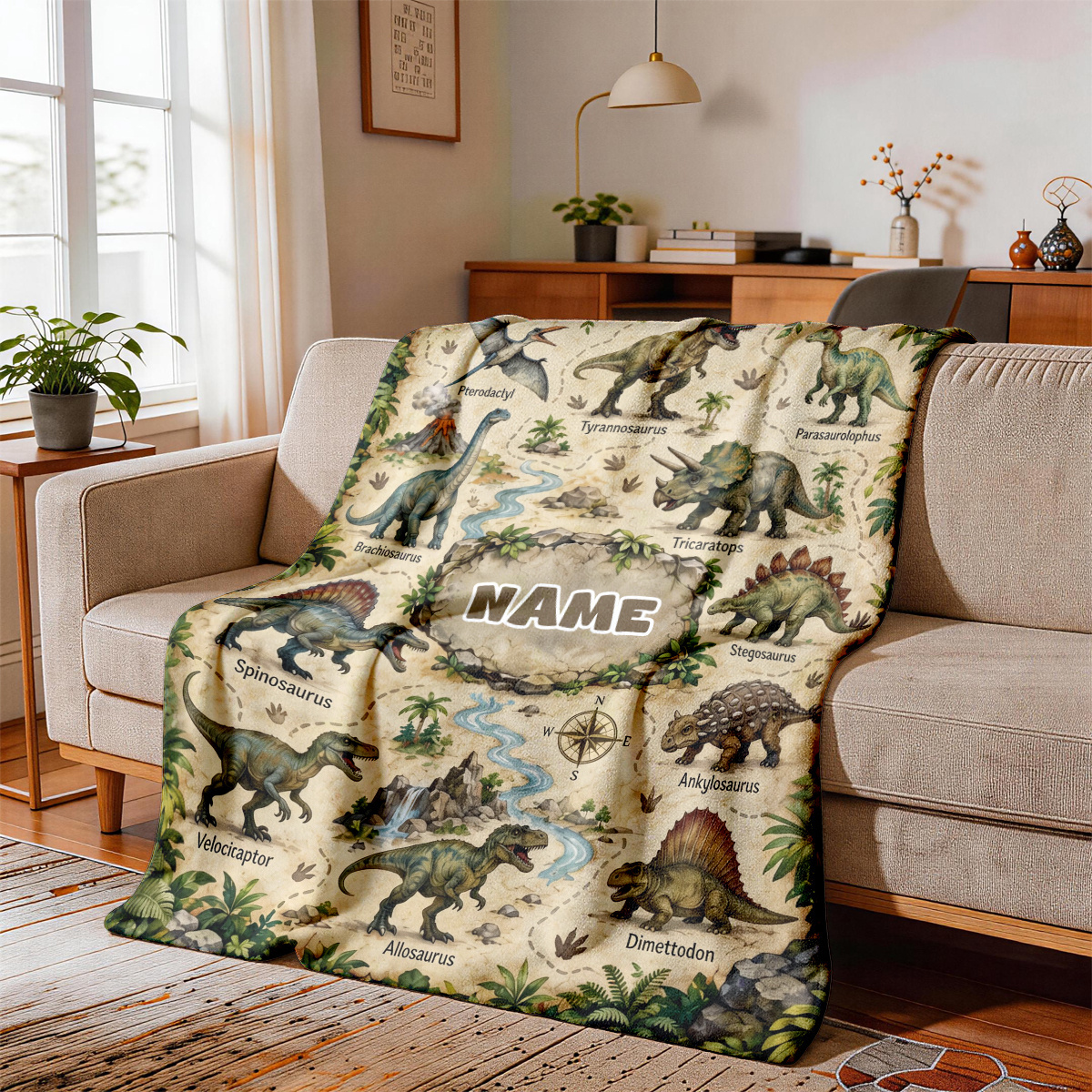 TEMU 1pc Personalized Name Vintage Dinosaur Map Themed Flannel Blanket - Large Size, Soft, Lightweight, And Warm, Suitable For - Perfect For Bed,