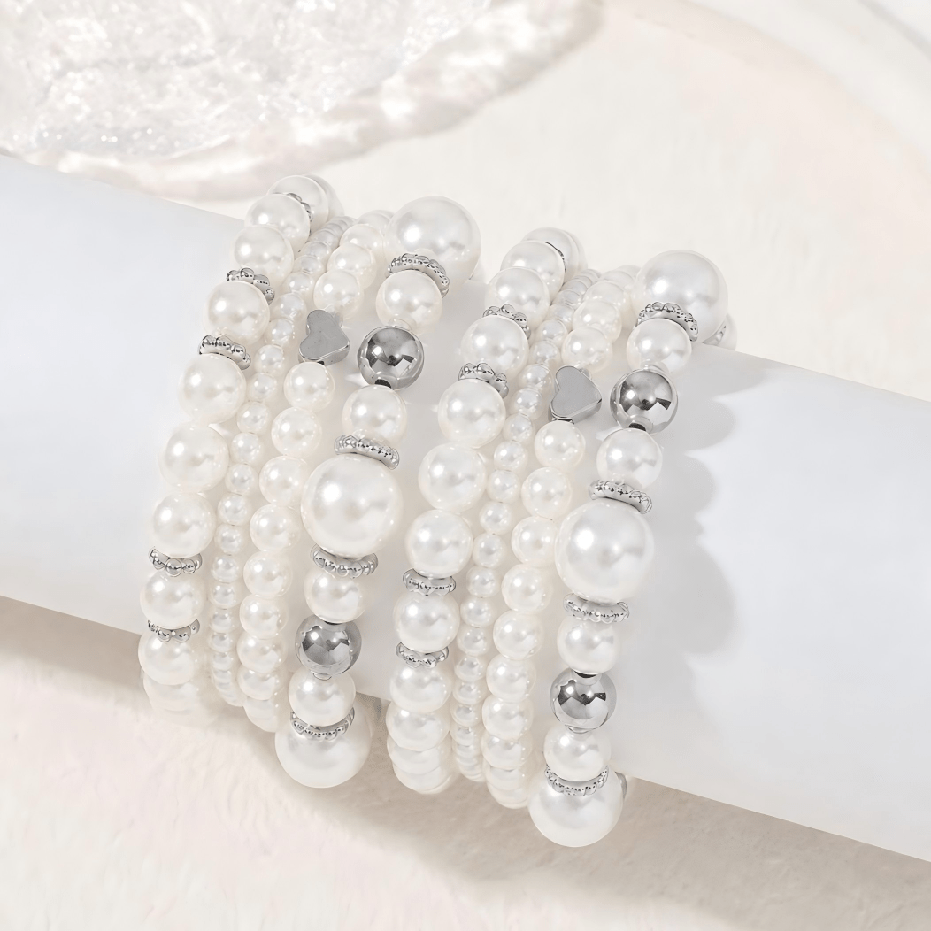 TEMU 8pcs Women's Bohemian Style Silvery Color Heart Beaded Stretch Stackable Bracelet Set, For Daily Wear, Vacation, And Parties, Valentine's Day