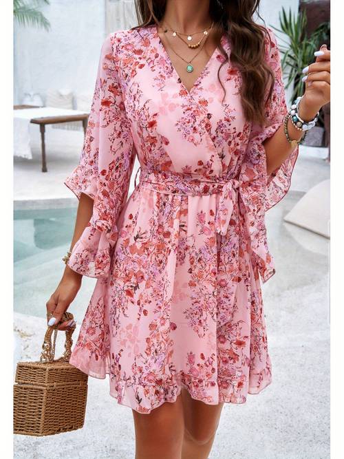 station border trade womens clothing 2025 spring casual printed tie chiffon dress