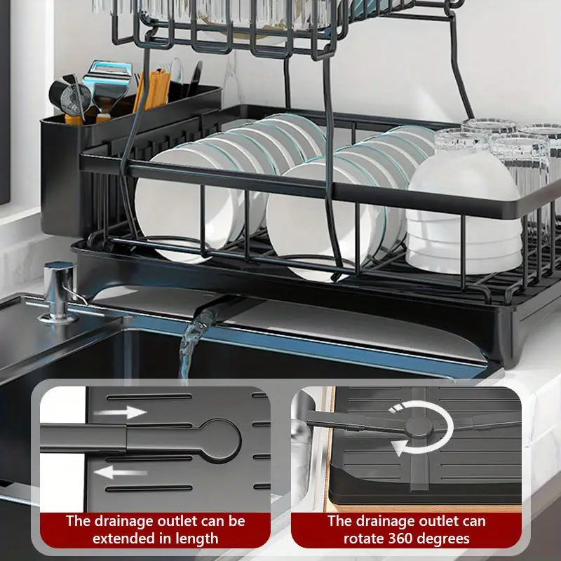 double dish rack for double countertops is here it has a unique 360 drainage function tableware can dry quickly the drain tray with the cutlery rack and 4 cup holders is above the sink or a cup it can Product details 4