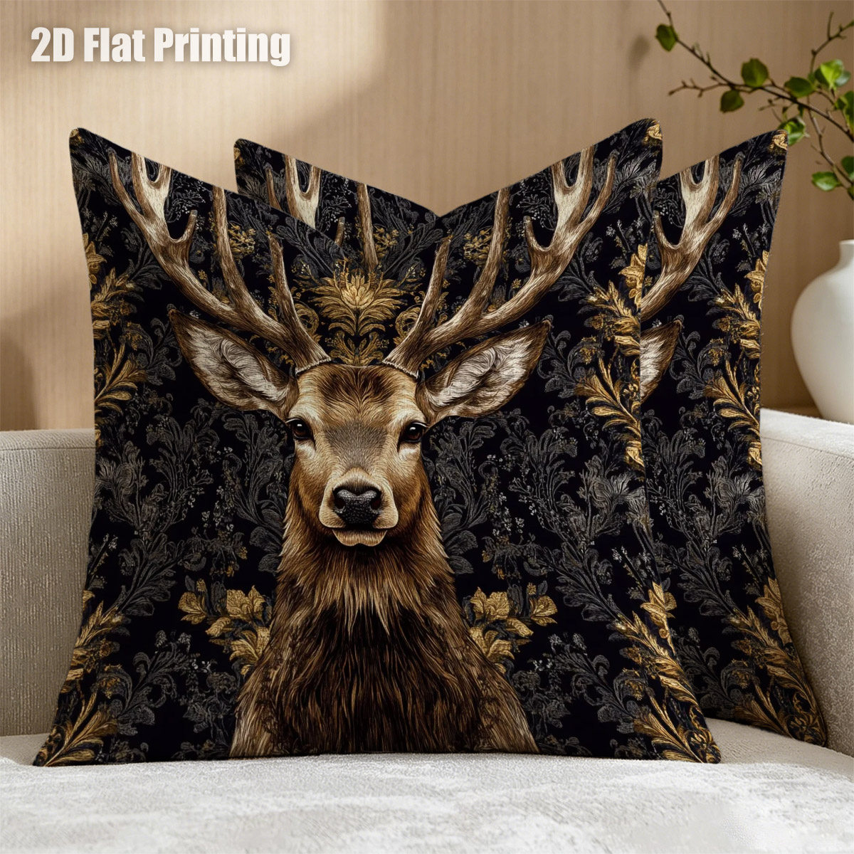 TEMU 2pcs 2d Flat Deer Head Cushion Covers Suitable For Sofa Bed Chair, Contemporary Stag Print Dark Carpet With Zipper Closure, Single-sided Stag