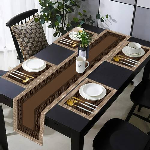 5 7pcs brown placemats and table runner with golden and accents 12x18 13x72 inch polyester dining table mats suitable for home parties indoor outdoor kitchen dining table decor