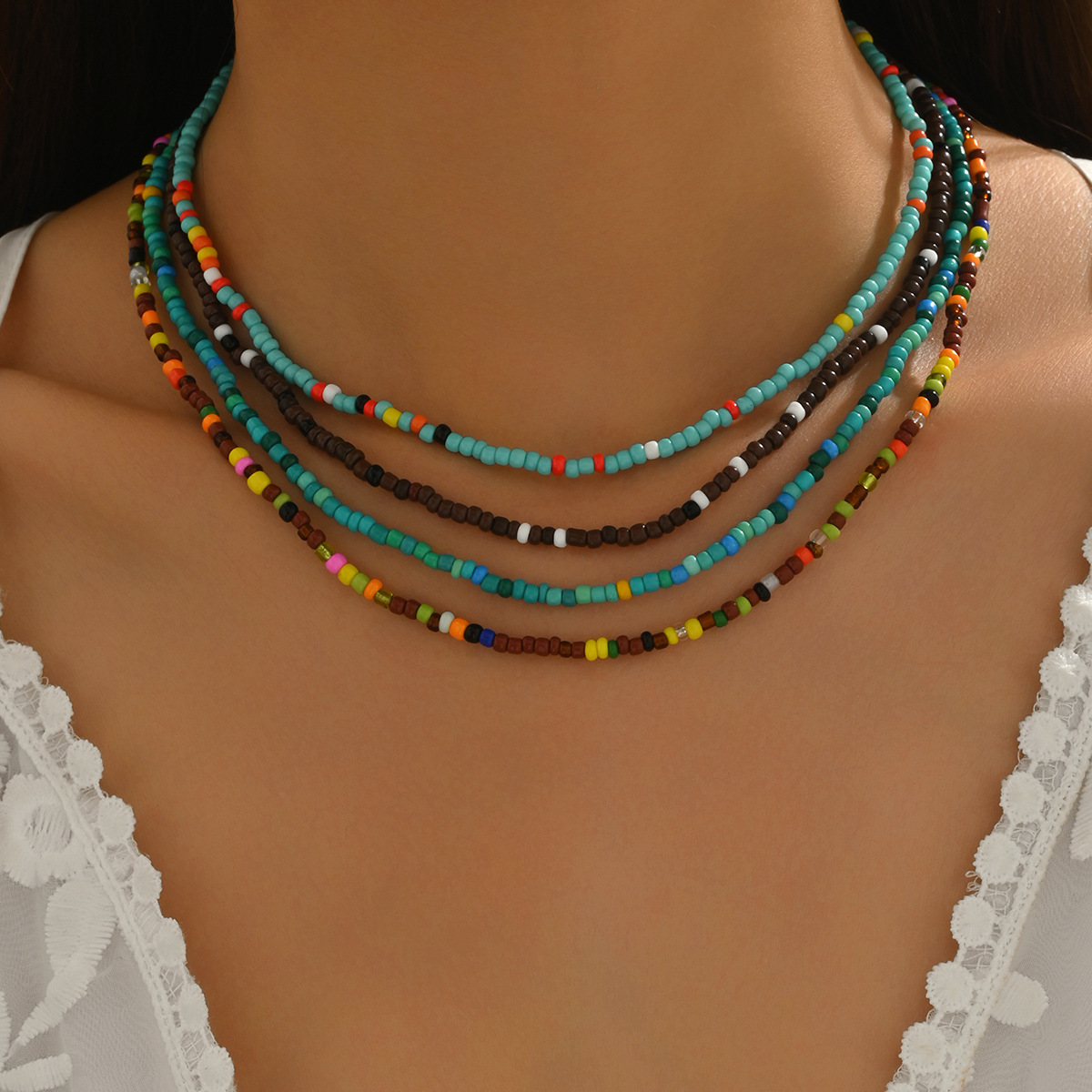 TEMU 4pcs d'été créatifs série bleue multicolore, style bohème Dopamine, perles de riz de couleurs mélangées, ensemble de chaîne clavicule empilable