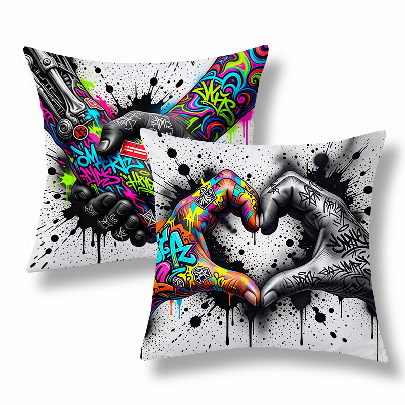 TEMU Set federe per cuscini in stile Art, fodere decorative per cuscini, design con motivo a graffiti e cuore con effetti schizzi, tonalit� colorate.