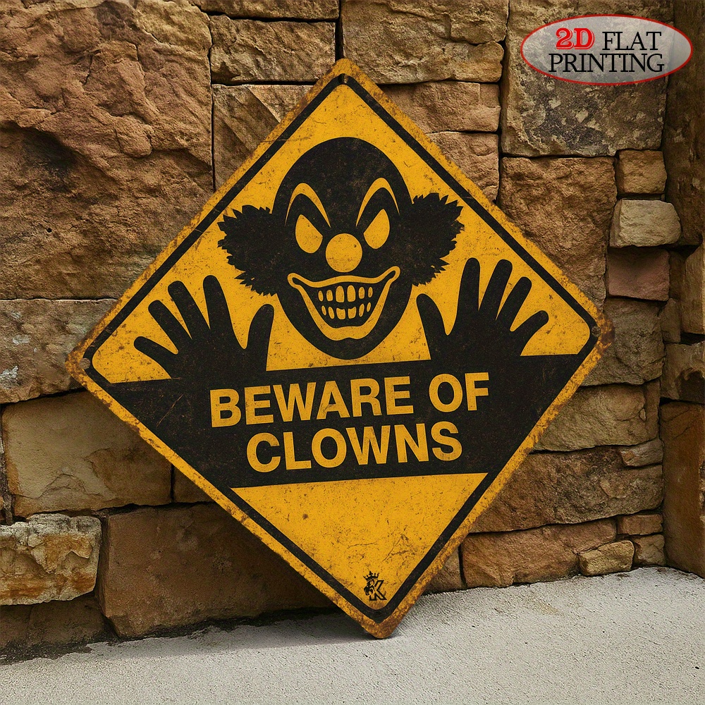 TEMU 2d Flat 2d Flat, 1pc Retro Clown Warning Sign - Fun Hazard Decor With Clown Pattern, Yellow And Black Safety Warning - Thickened Wooden Board,