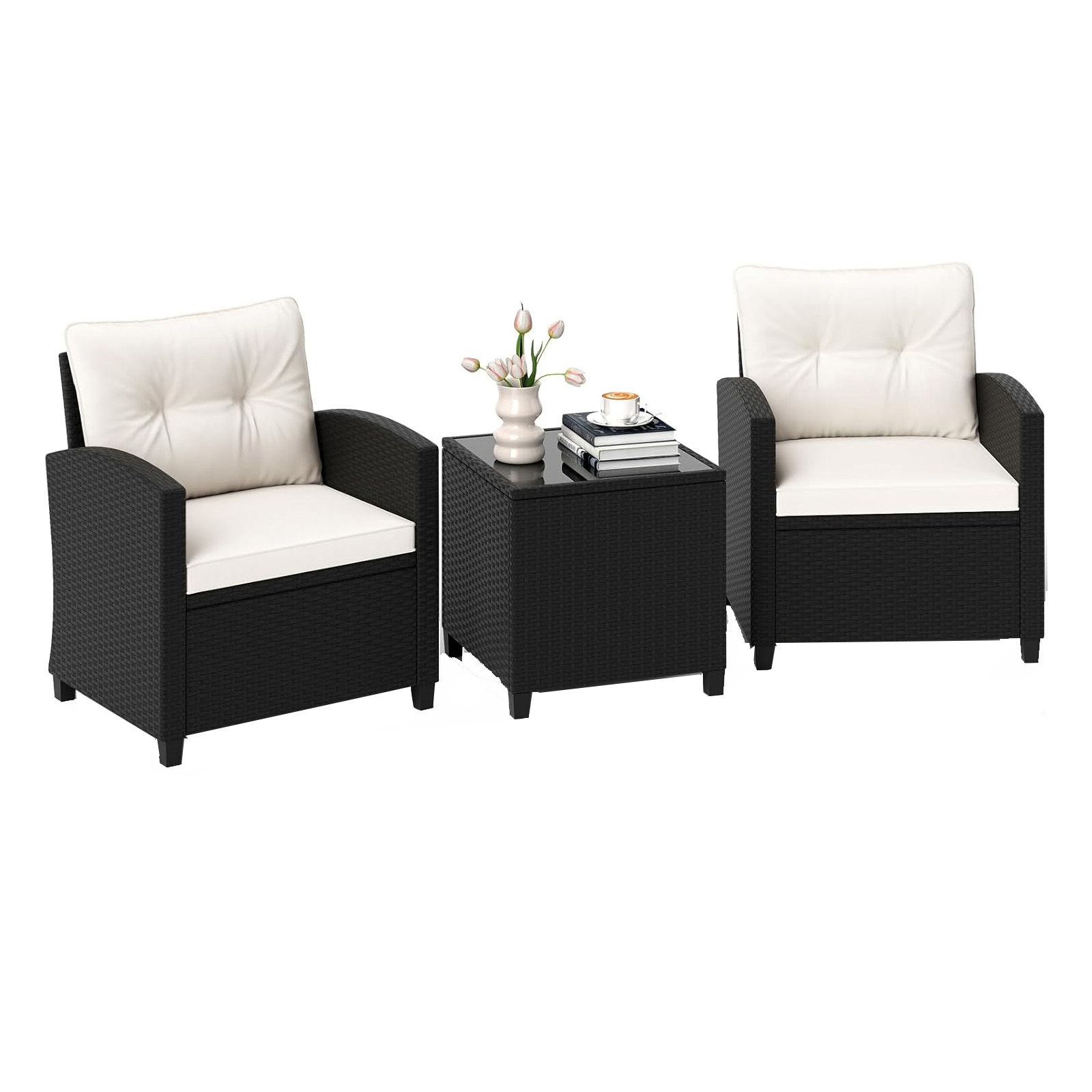 Image of 3pcs Patio Furniture Set, Pe Wicker Bistro Set With Tempered Glass Coffee Table, Outdoor Conversation Chairs With Metal & Soft Cushions For Balcony, Porch And Garden, White