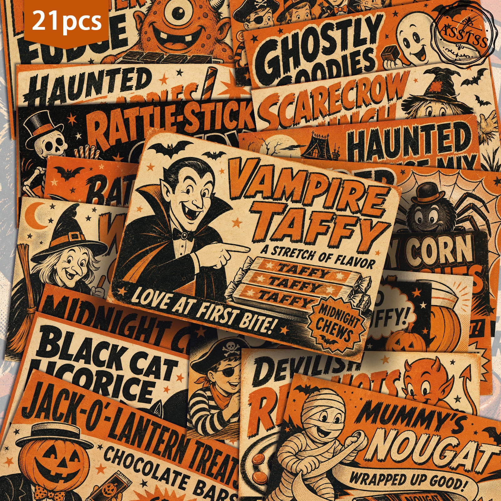 TEMU 21-pack Asstss Vintage Halloween-themed Candy Postcards - 4x6 Inches Retro Junk Journal Supplies, Classic Pinup Illustrations Collectible