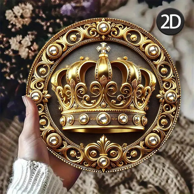 TEMU 2D Plat, Extra Kroon Wanddecoratie - Luxe Gouden Paneel met Glanzende Edelsteenachtige Textuur - Zware Aluminium Metalen Afwerking - Elegant