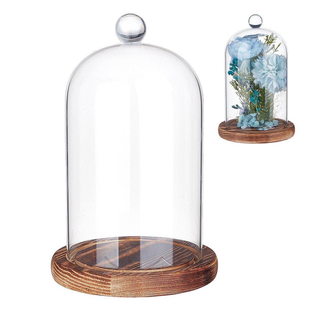 TEMU Fusible Glass Supplies 1pc Glass Dome Cover Display Case Cloche Bell Jar Terrarium With Wood Base Clear 125x190mm