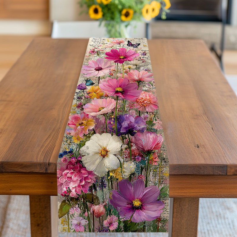E-shop 1 Stück Tischläufer im Blumenstil mit mehrfarbigem Blumenmuster, 2D-Druck, geeignet für Frühling, Party, Picknick, , für Küchen-