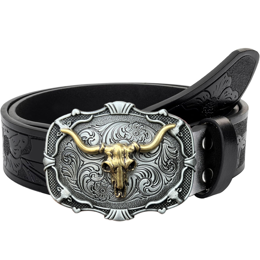 Image of Unisex Vintage Western Style Belt Featuring A With Irregular Floral Carvings And A Smooth - Brown Faux Leather Suitable For Country Style, Perfect With Jeans