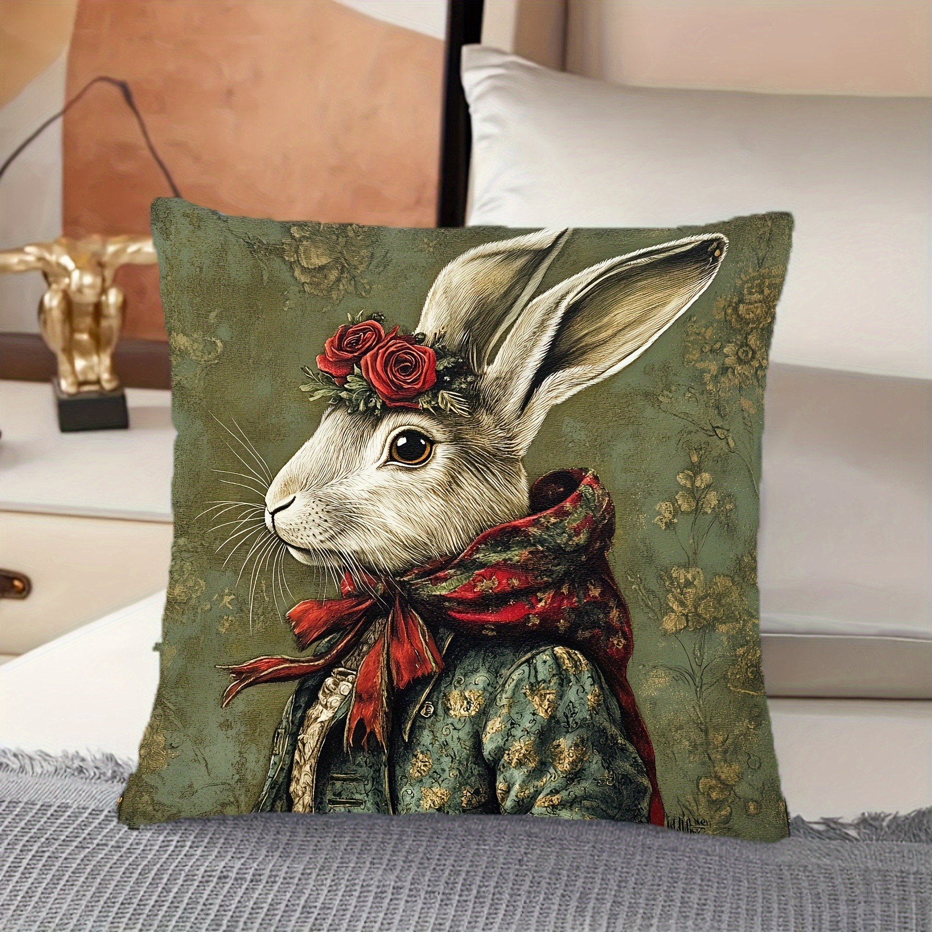 TEMU 1pc Vintage Bohemian Style Rabbit Pillowcase, Soft Polyester Short Plush Fabric, Single-sided Printed Pattern, 45cm X 45cm, Machine Washable,
