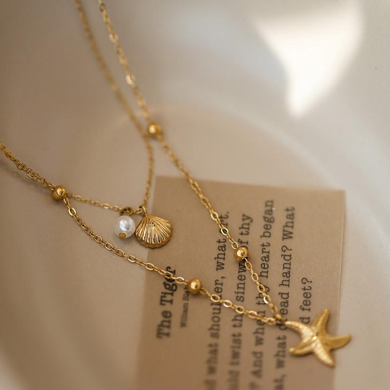 Double Layer Beach Necklace with Shell & Starfish Pendant, Unisex