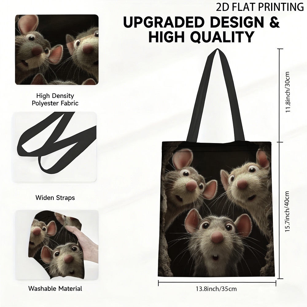 TEMU 1pc 1pcs 3 Rats Tote Bag - Cute Rat Print Durable Square Suitable For Grocery Shopping, , Office & Weekend Use, Hot Transfer Printing Technology